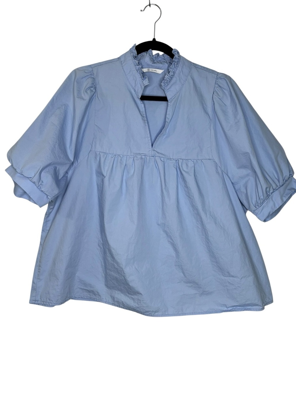 Cicy Bell Women’s Cotton Sky Blue Puff Sleeve V Neck Blouse Lightweight Large